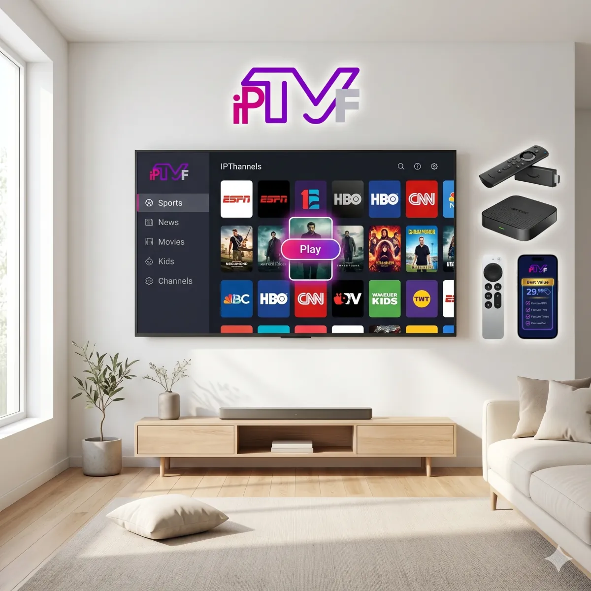 Samsung Smart TV displaying IPTV FUSION app installation guide