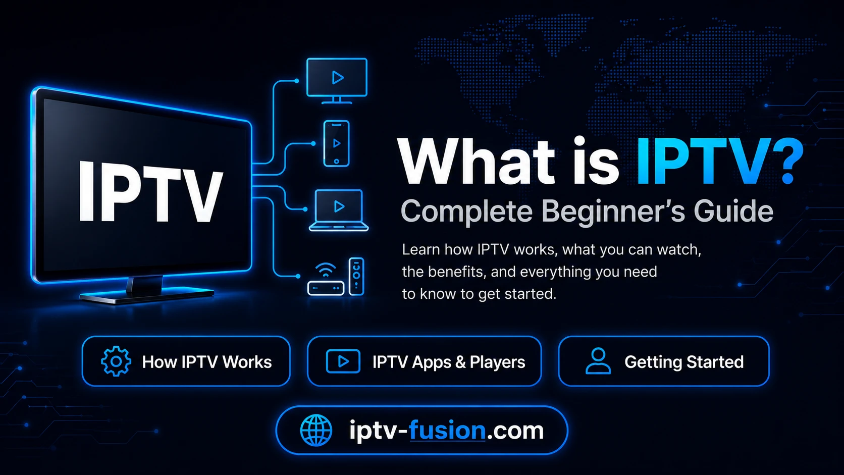 Diagram der viser, hvordan IPTV-streams rejser fra udbyderen via internettet til et tv, en mobil og en laptop