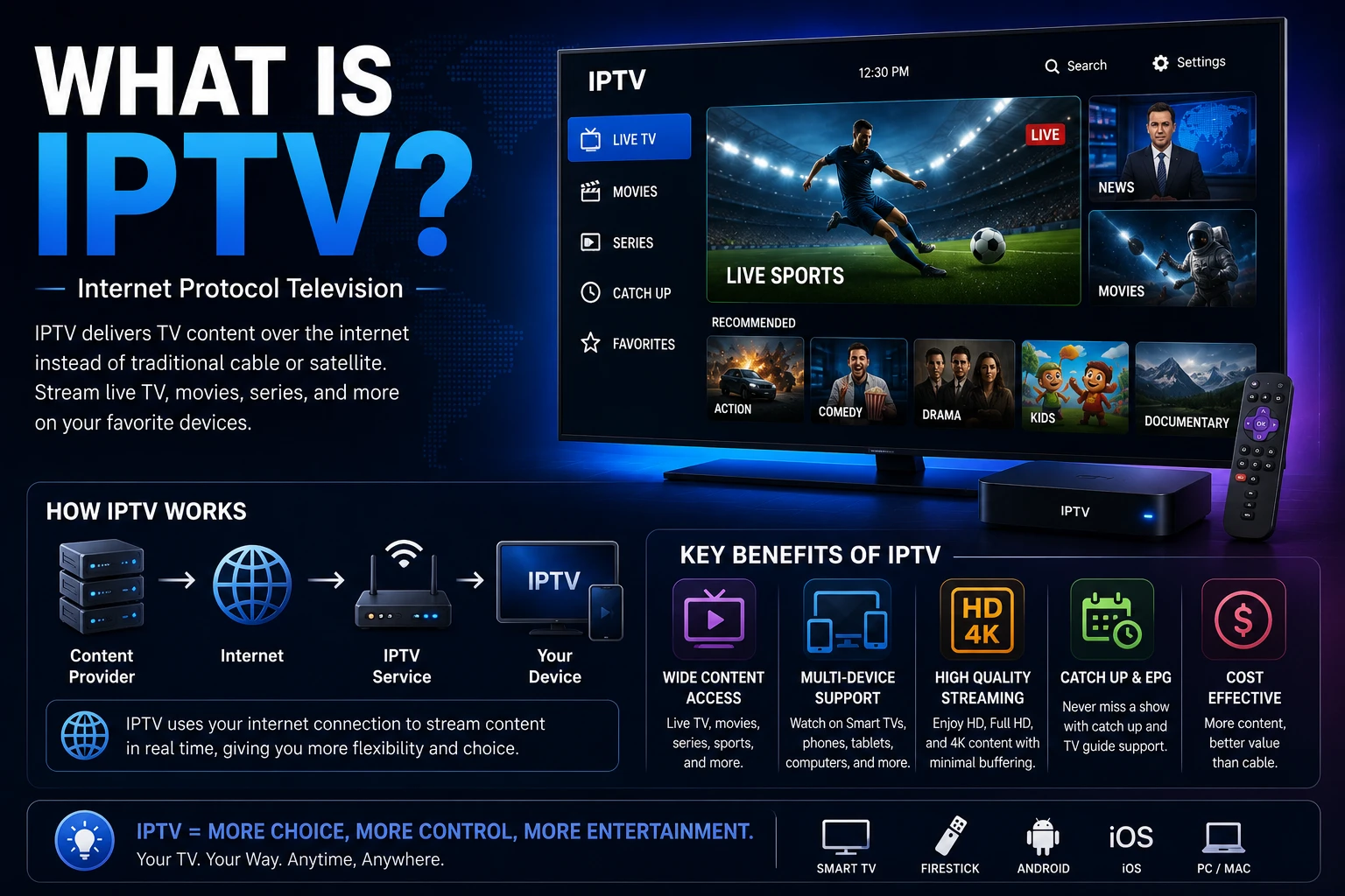 En Firestick, et smart-tv, en smartphone og en laptop, der alle viser IPTV-kanaler