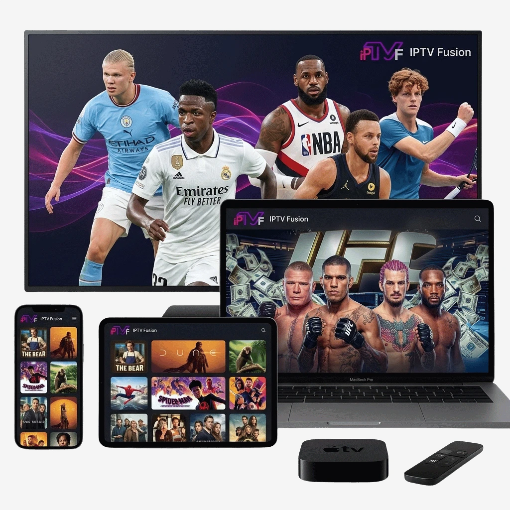 Family watching 4K movies using an IPTV FUSION subscription on a Smart TV